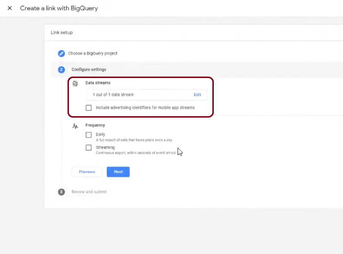 GA4 BigQuery Integration - Data Strea selection | Hevo Data